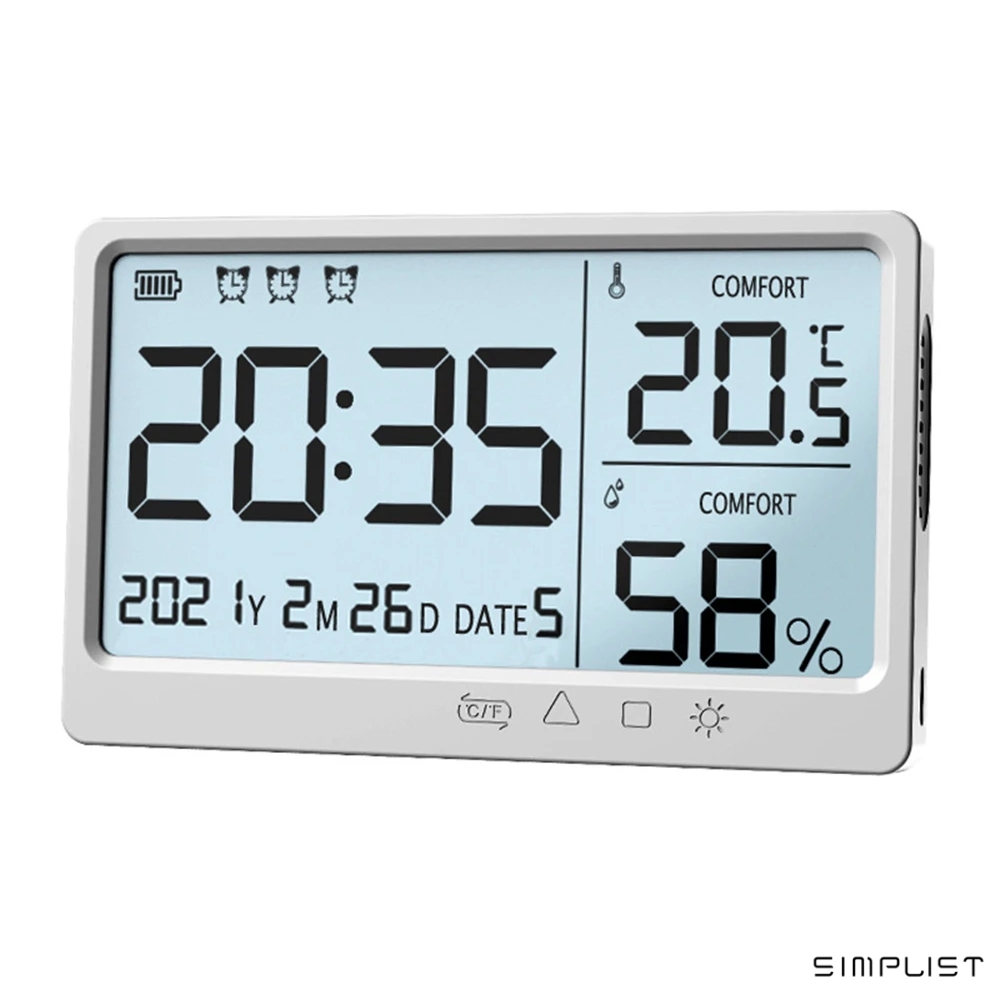 Simplist Hygro Rechargeable Digital Alarm Clock with Backlight with Date, Humid and Temperature Display