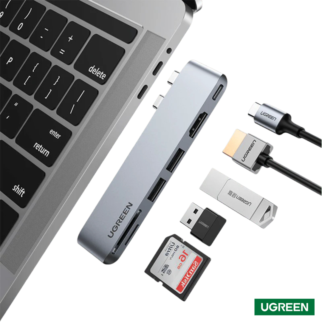 MI Brand (1) Ugreen Dual USB-C 6-in-2 Hub For MacBook PRO/Air with Thunderbolt 3.0 (80856)